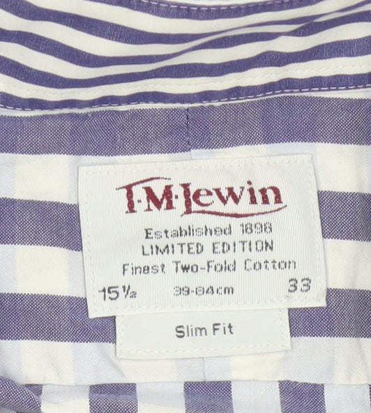T.M.Lewin Men's Blue Check Slim Fit Cotton Long Sleeve Shirt 15.5in