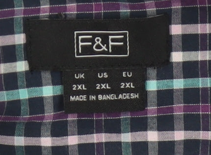 F&F Men's Blue Checked Long Sleeve Button-Up Cotton Shirt 2XL