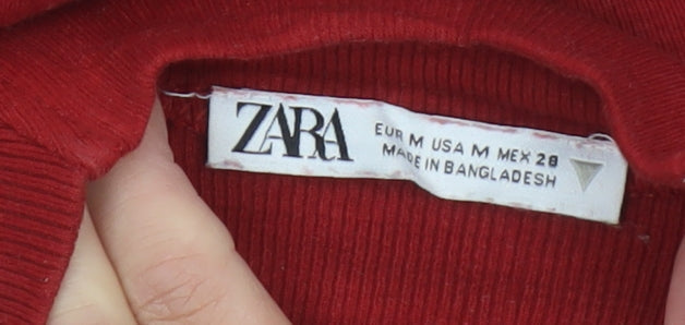 Zara Women Red Cropped High Neck Long Sleeve Cotton Top Size 12