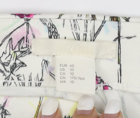 H&M Women White Floral Print Trousers Size 12 Straight Leg