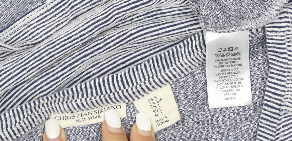 Christian Siriano Women Blue Striped 3/4 Sleeve Basic T-Shirt Size S
