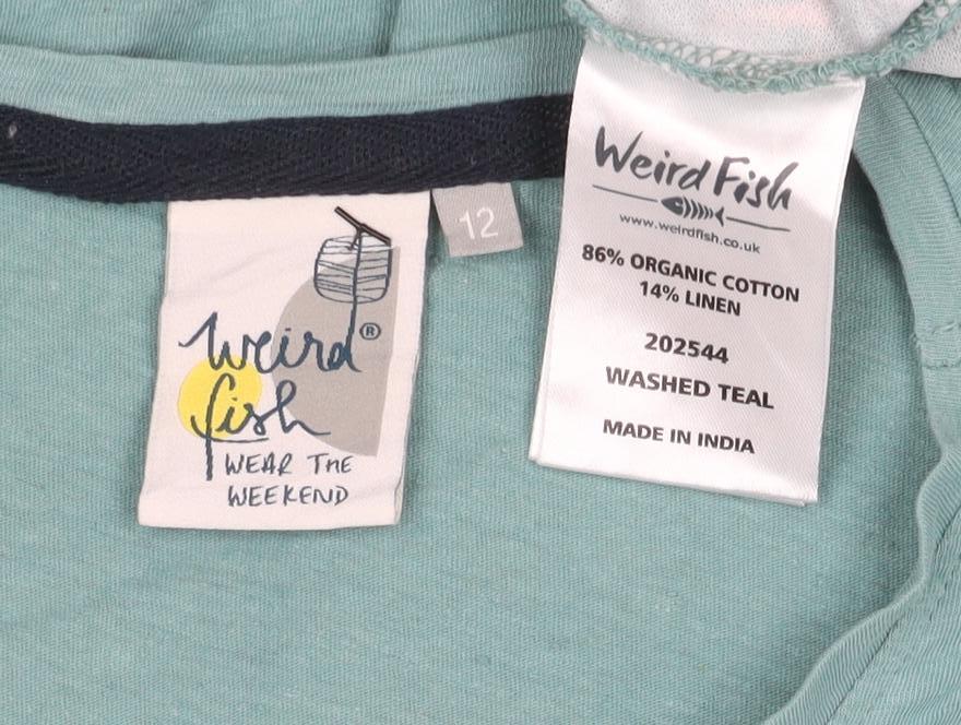 Weird Fish Womens Blue Size 12 Organic Cotton Linen T-Shirt