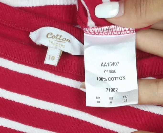 Cotton Traders Womens Red White Striped 3/4 Sleeve Cotton T-Shirt UK 10