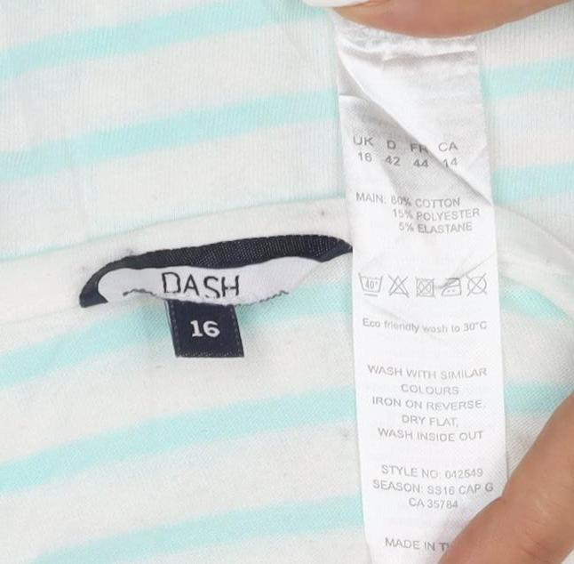Dash Women Blue Striped 3/4 Sleeve Cotton T-Shirt Size 16