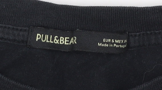 Pull&Bear Women Black Anti-Poser Embroidered Cotton T-Shirt S