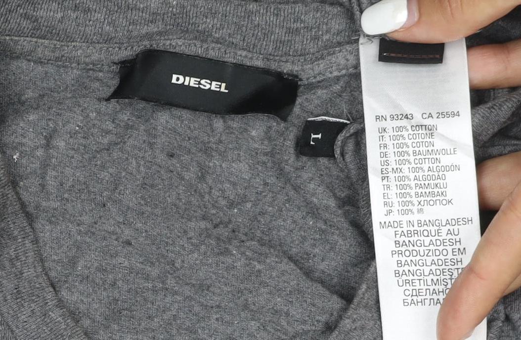 Diesel Women Grey Cotton Logo T-Shirt L Casual Short Sleeve
