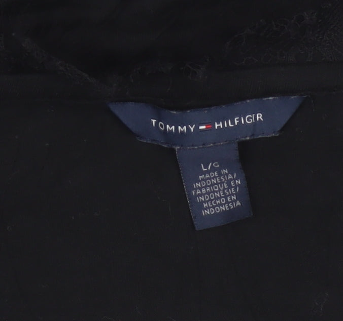 Tommy Hilfiger Women's Black Lyocell Lace Trim Short Sleeve Blouse L