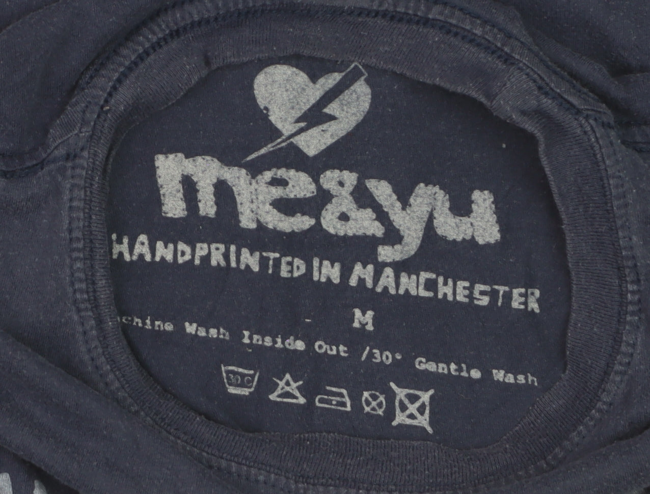 me&yu Mens Blue Aztec Graphic Handprinted Cotton T-Shirt M