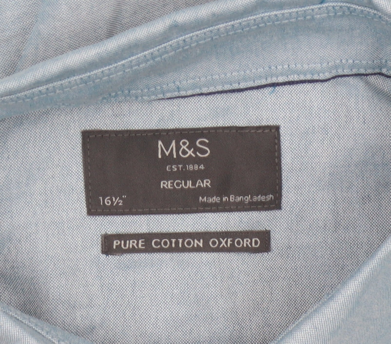 Marks and Spencer Men's Blue 16.5 Regular Fit Pure Cotton Oxford Shirt