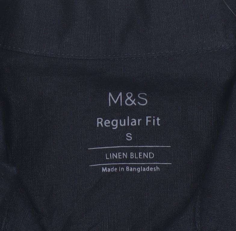 Marks and Spencer Men's Blue Linen Blend Regular Fit Short Sleeve Shirt S