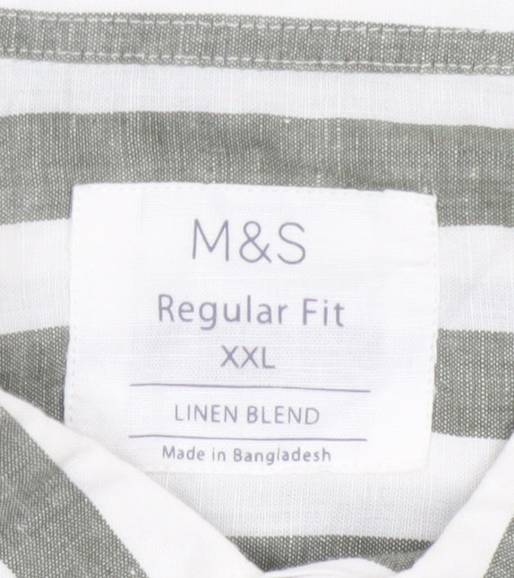 Marks and Spencer Men’s Green White Striped Linen Blend Shirt XXL Regular Fit