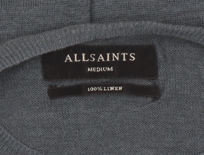 AllSaints Men Blue Linen Crew Neck Lightweight Pullover Jumper M