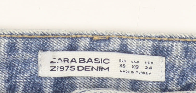 Zara Women Blue Embroidered Floral Denim Short Skirt XS