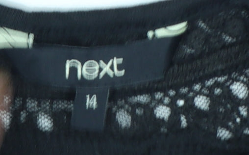Next Womens Black Cotton Crochet Trim Short Sleeve T-Shirt Size 14