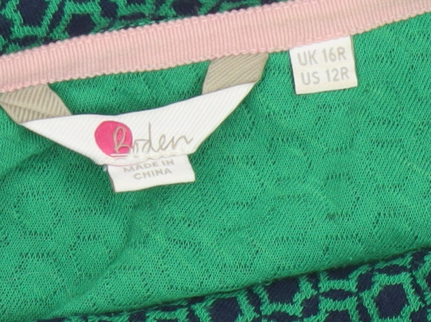 Boden Women’s Green Geometric 3/4 Sleeve Boat Neck Cotton Blend Blouse Size 16