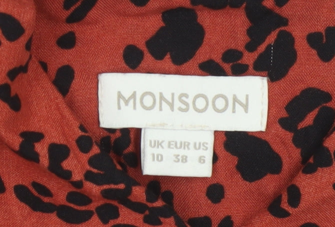 Monsoon Women Red Animal Print Shirt Dress Size 10 Midi Long Sleeve