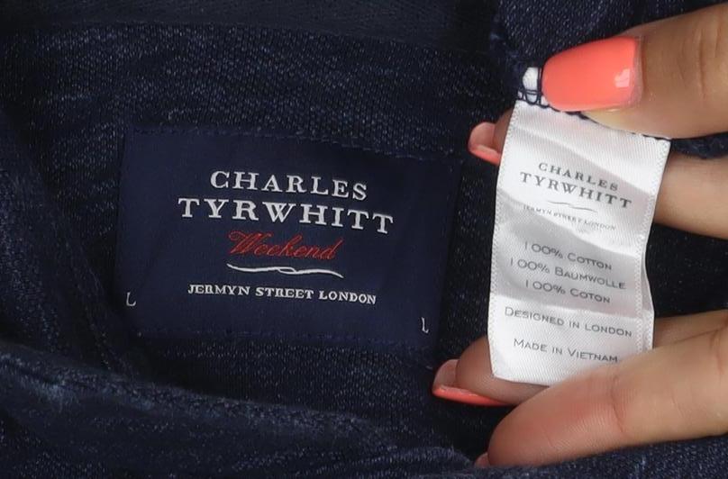 Charles Tyrwhitt Men's Blue Henley Long Sleeve Cotton Sweatshirt L