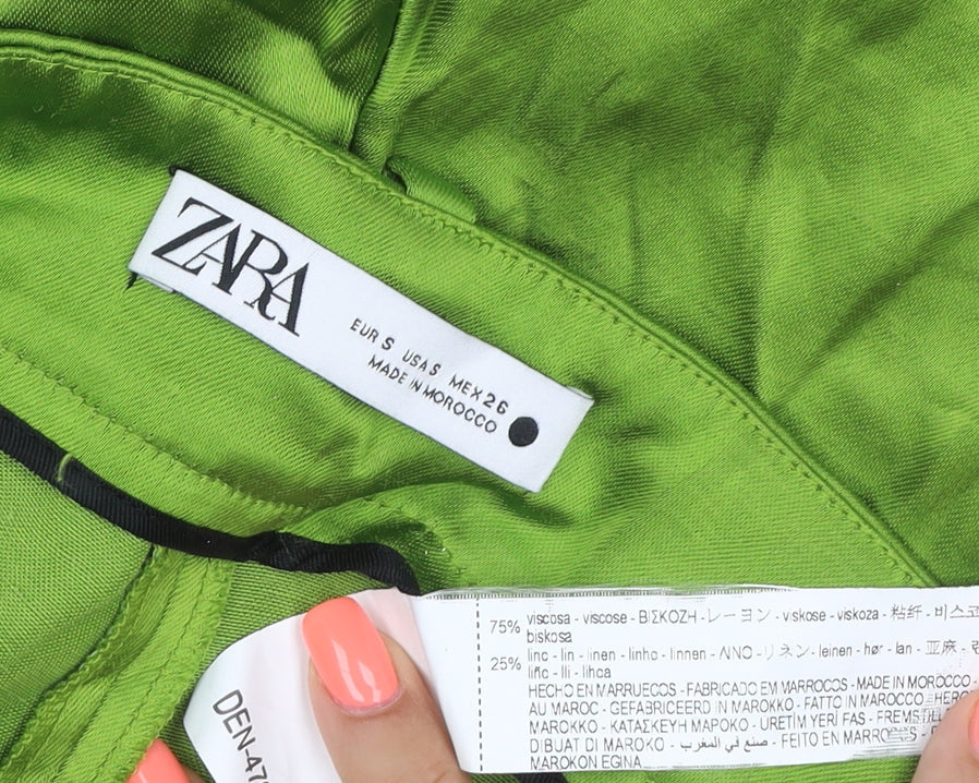 Zara Women Green Linen Blend Wide-Leg Trousers Size S