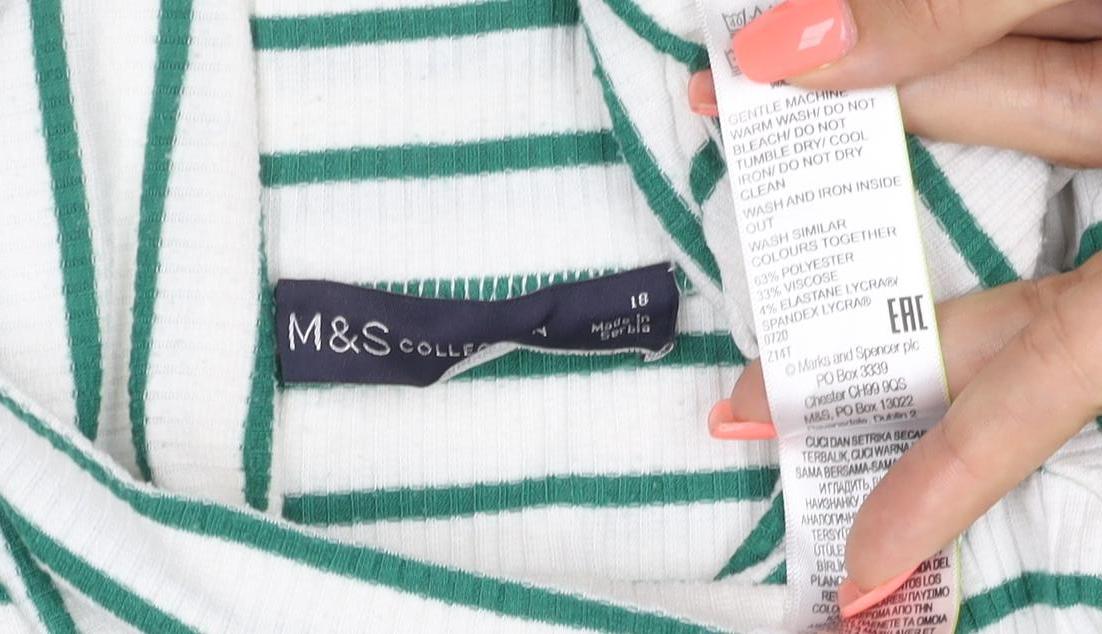 Marks and Spencer Women's White Green Stripe Roll Neck Top Size 18