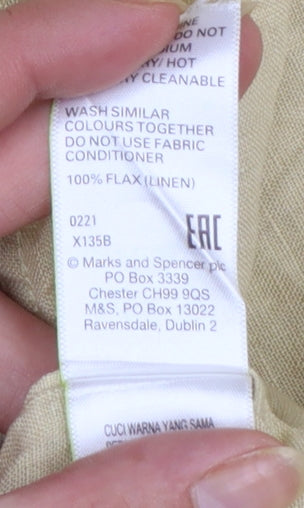 Marks and Spencer Men's Beige Linen Long Sleeve Button-Up Shirt Small