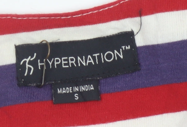 HYPERNATION Women’s Multicoloured Striped Cold Shoulder Cotton T-Shirt Size S