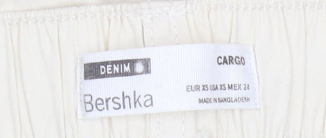 Bershka Women’s Beige Cotton Cargo Trousers XS Wide-Leg