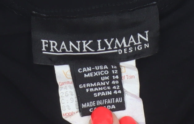 Frank Lyman Women’s Black White Geometric Stretch Tunic Blouse Size 14