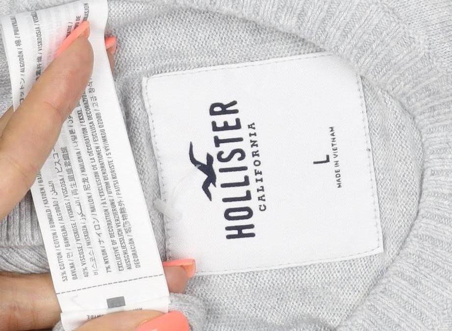 Hollister Men Grey Cotton Blend Crew Neck Pullover Jumper L