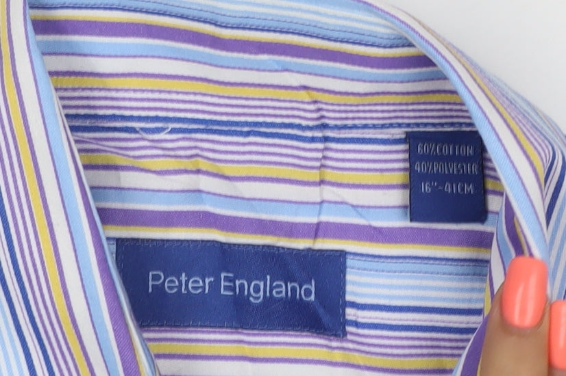 Peter England Men's Blue Striped Long Sleeve Cotton Blend Shirt 16in Collar