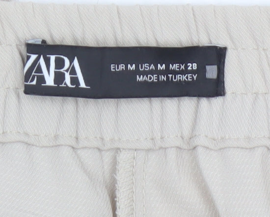 Zara Women Beige Cropped Trousers Size 12 Polyester Drawstring Waist