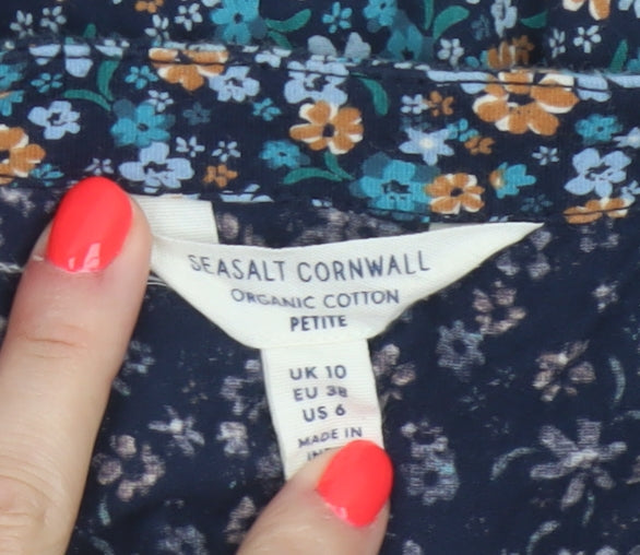 Seasalt Cornwall Women Blue Floral A-Line Petite Organic Cotton Dress UK 10
