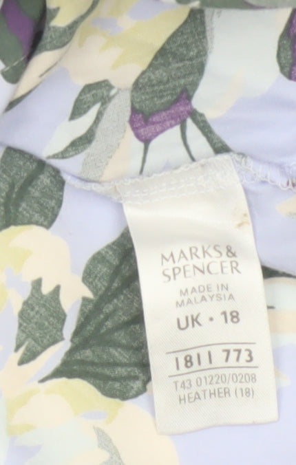 Marks and Spencer Women's Floral Blouse Blue Multi UK 18 Cotton 3/4 Sleeve