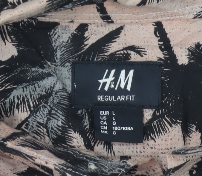 H&M Men's Beige Tropical Palm Print Regular Fit Short Sleeve Cotton Shirt L