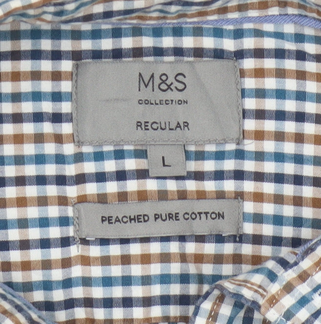 Marks and Spencer Men’s Blue Checked Cotton Button-Up Shirt L Regular Fit