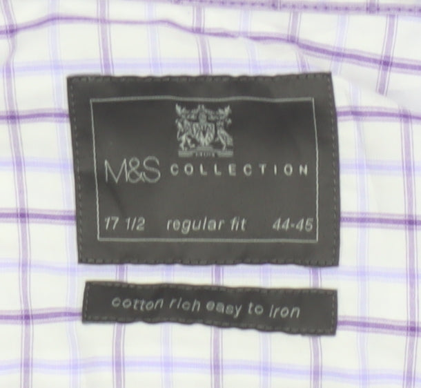 Marks and Spencer Men's Purple Check Regular Fit Short Sleeve Shirt 17.5in
