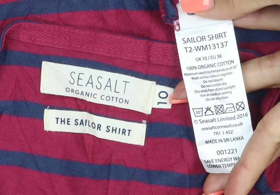 Seasalt Women Red Blue Striped Long Sleeve Organic Cotton Sailor Shirt Size 10