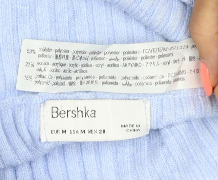 Bershka Women Blue Rib-Knit Off Shoulder Pullover Jumper Size 12