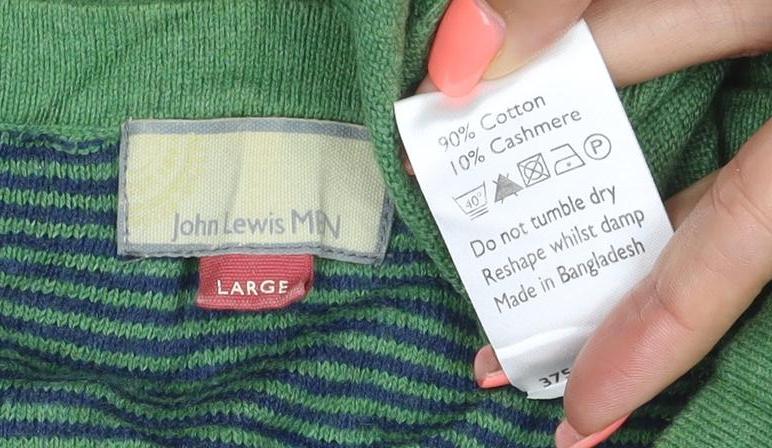 John Lewis Men Green Cotton Cashmere V-Neck Jumper Large