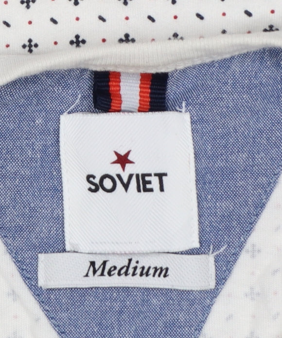 Soviet Men's White Geometric Cotton Crew Neck T-Shirt Medium