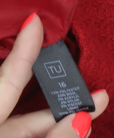 TU Women Red Wool Blend Mid-Length Coat Size 16 Classic Overcoat