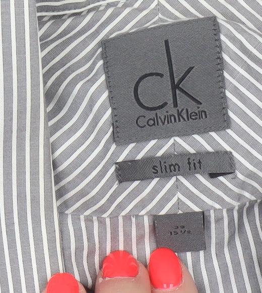 Calvin Klein Men's Grey Slim Fit Striped Long Sleeve Button-Up Shirt 15.5
