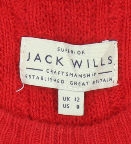 Jack Wills Women Red Cable-Knit Wool Cotton V-Neck Jumper Size 12