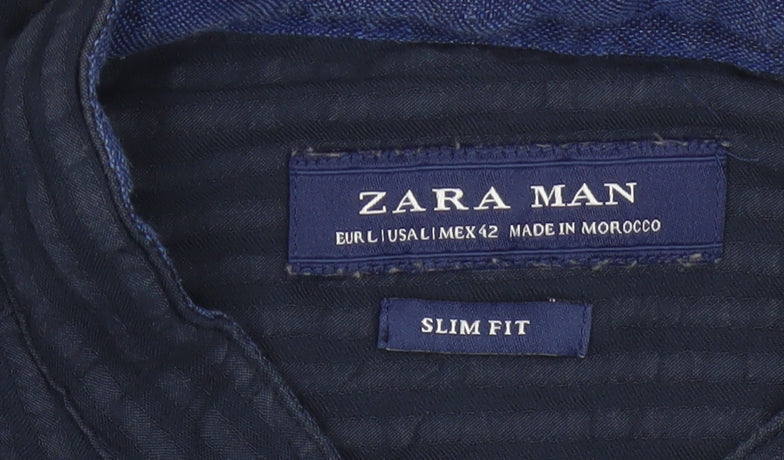 Zara Man Blue Slim Fit Band Collar Cotton Modal Shirt Size L