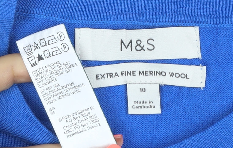 Marks and Spencer Women's Blue Merino Wool Crew Neck Jumper Size 10