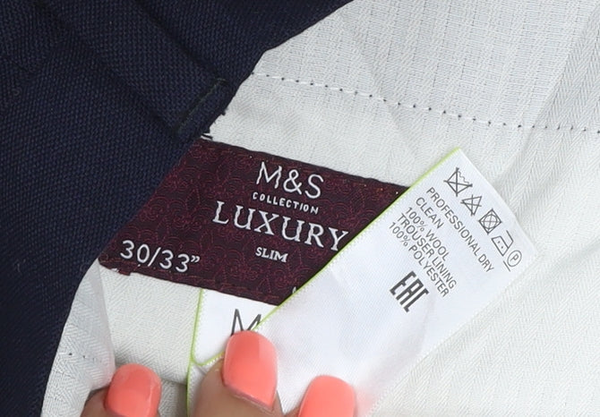 Marks and Spencer Men's Blue Slim Fit Wool Dress Trousers 30/33