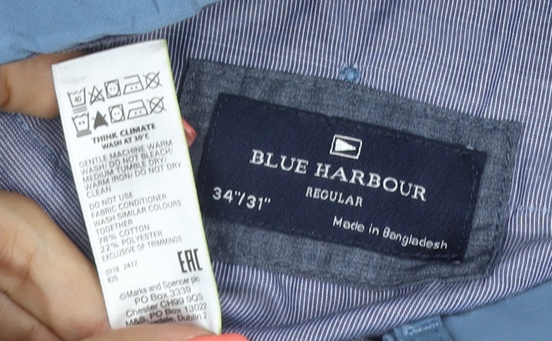 Marks and Spencer Blue Harbour Mens Blue Chino Trousers 34x31 Regular Fit
