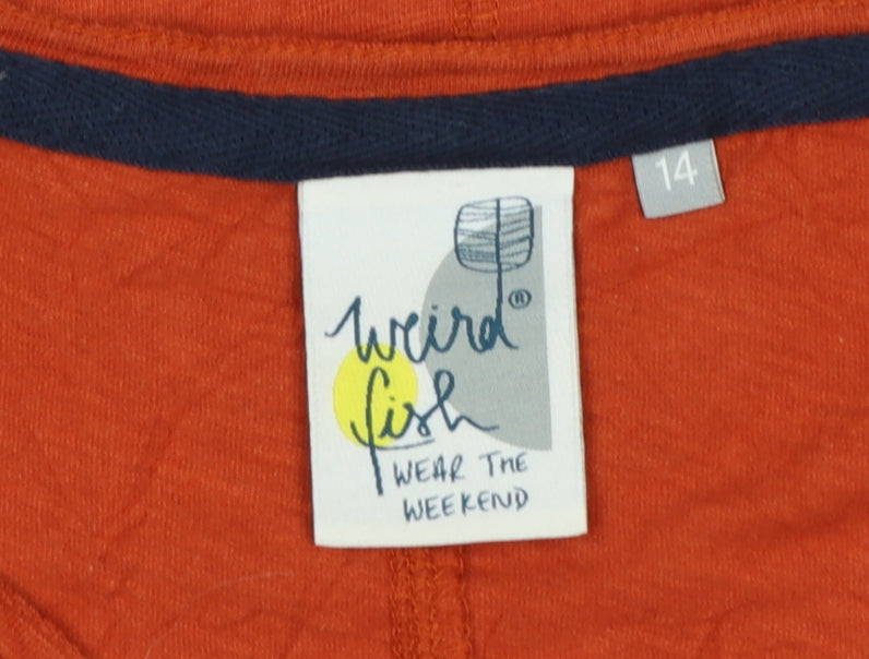 Weird Fish Women's Orange Long Sleeve Cotton V-Neck T-Shirt UK 14
