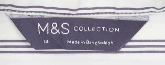 Marks and Spencer Women White Striped Long Sleeve Cotton Button-Up Shirt Size 14