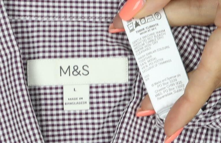 Marks and Spencer Men Purple Check Short Sleeve Collared T-Shirt L
