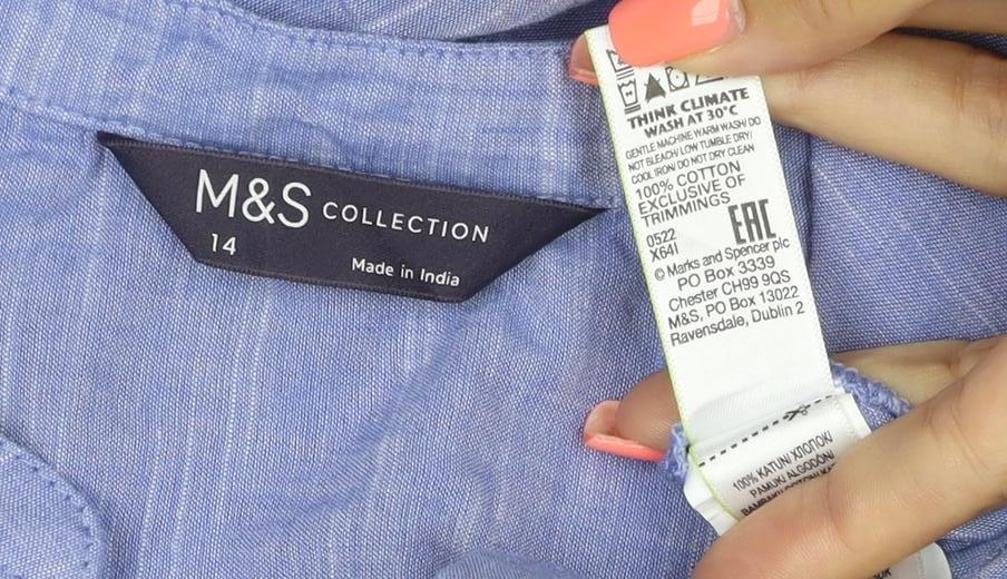 Marks and Spencer Women's Blue Cotton Long Sleeve Shirt Dress Size 14